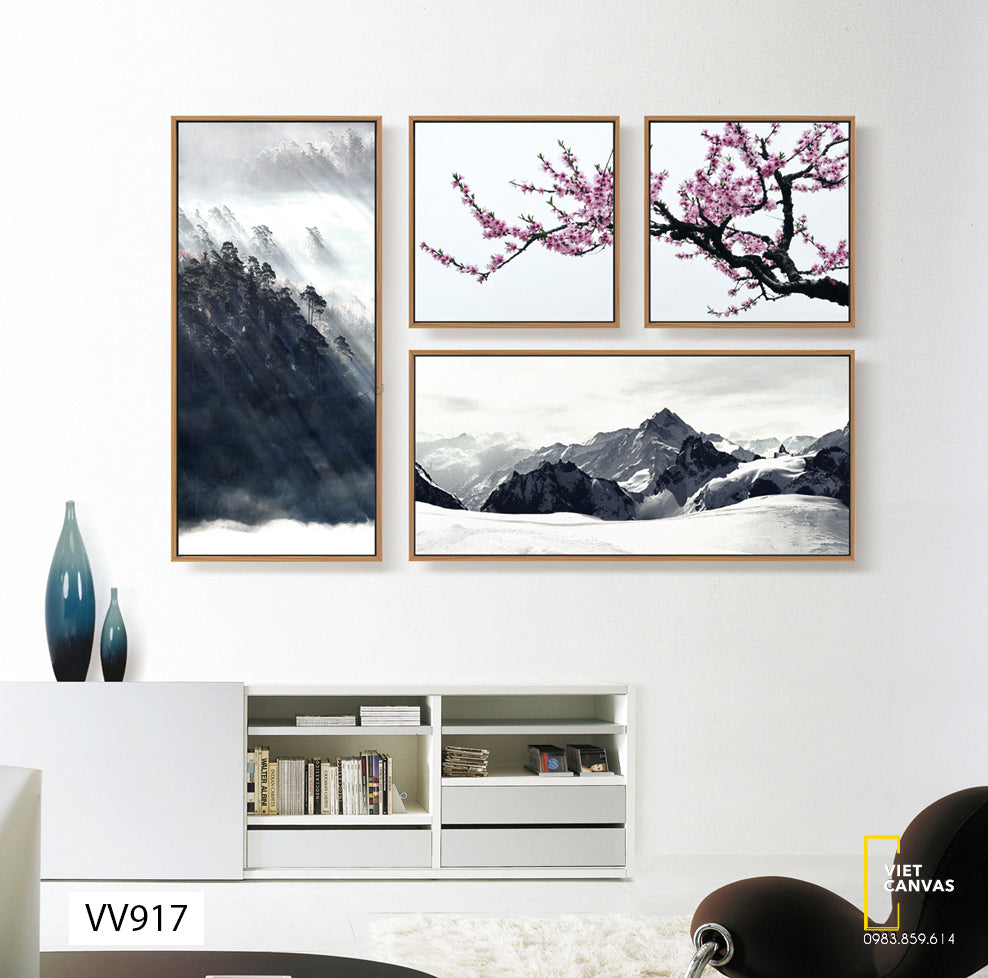 Bộ 4 Tranh Hoa Đào Và Rừng Núi - VV917