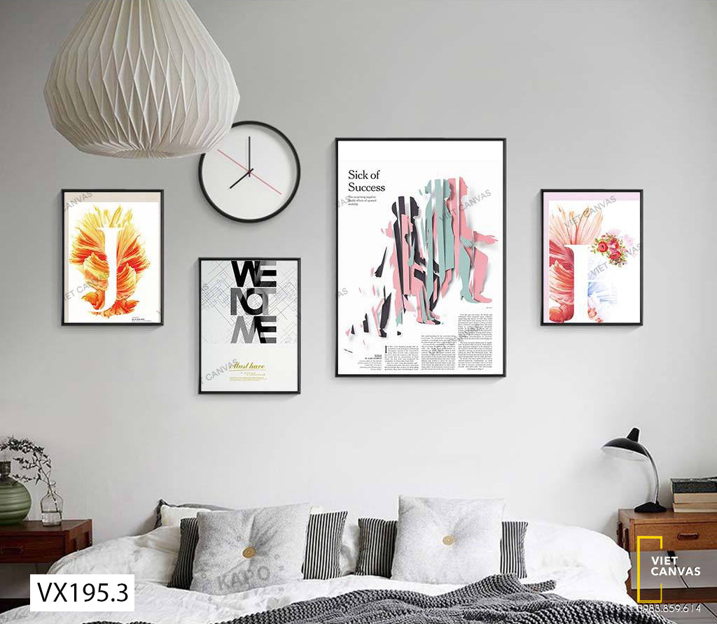 Bộ 4 Tranh Hoa, Người Và Chữ Sinh Động - VX195.3