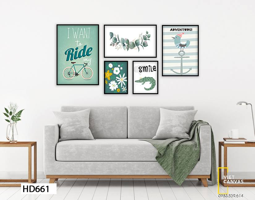 Bộ 5 Tranh Cánh Hoa Lá, Chiếc Xe Đạp, Chú Cá Sấu Và Con Chim - HD661