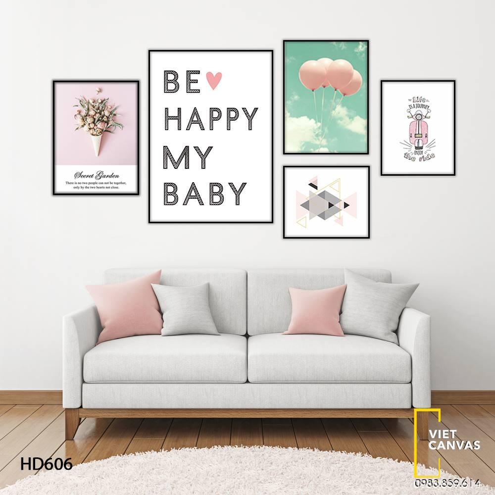 Bộ 5 Tranh Ly Kem Hoa, Bong Bóng Và Quotes Be Happy My Baby - HD606