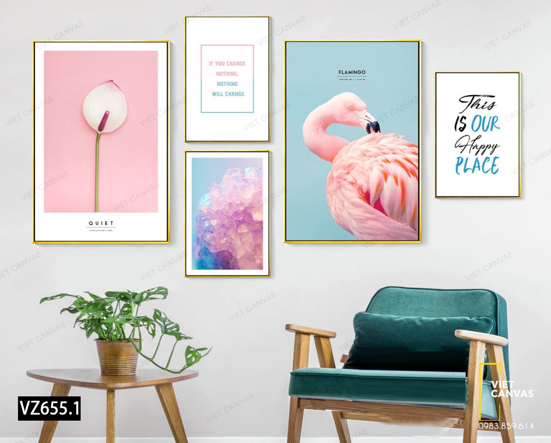 Bộ 5 Tranh Quotes, Trừu Tượng, Chim Hồng Hạc Và Hoa Hồng Môn - VZ655.1