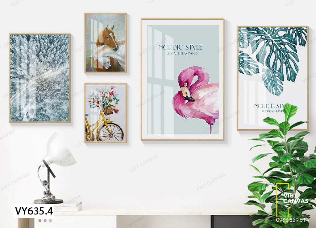Bộ 5 Tranh Giỏ Hoa, Ngựa Và Hạc - VY635.4