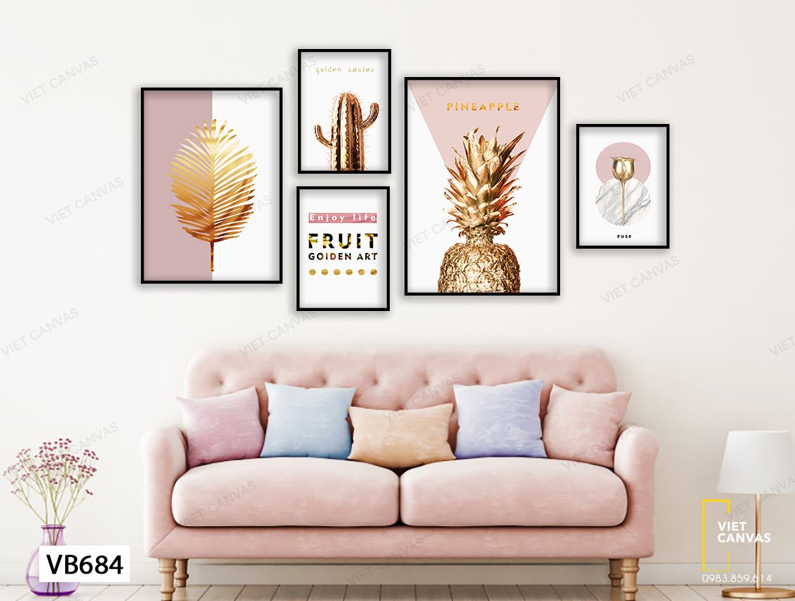 Bộ 5 Tranh Lá Cây, Xương Rồng, Trái Dứa, Hoa Hồng Và Quotes - VB684