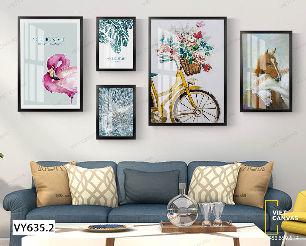 Bộ 5 Tranh Hạc, Ngựa Và Hoa Lá - VY635.2