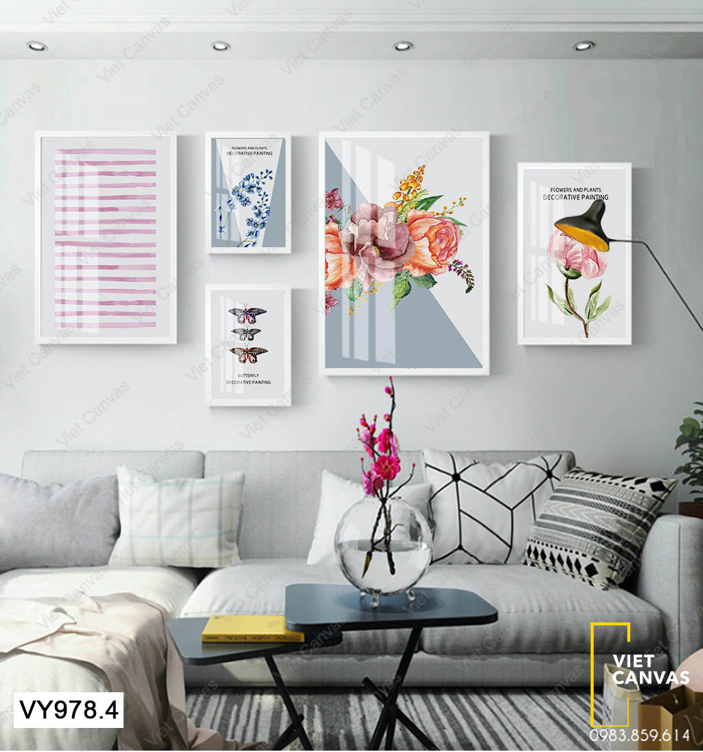 Bộ 5 Tranh Hoa Lá, Bướm Và Đường Sọc Hồng - VY978.4