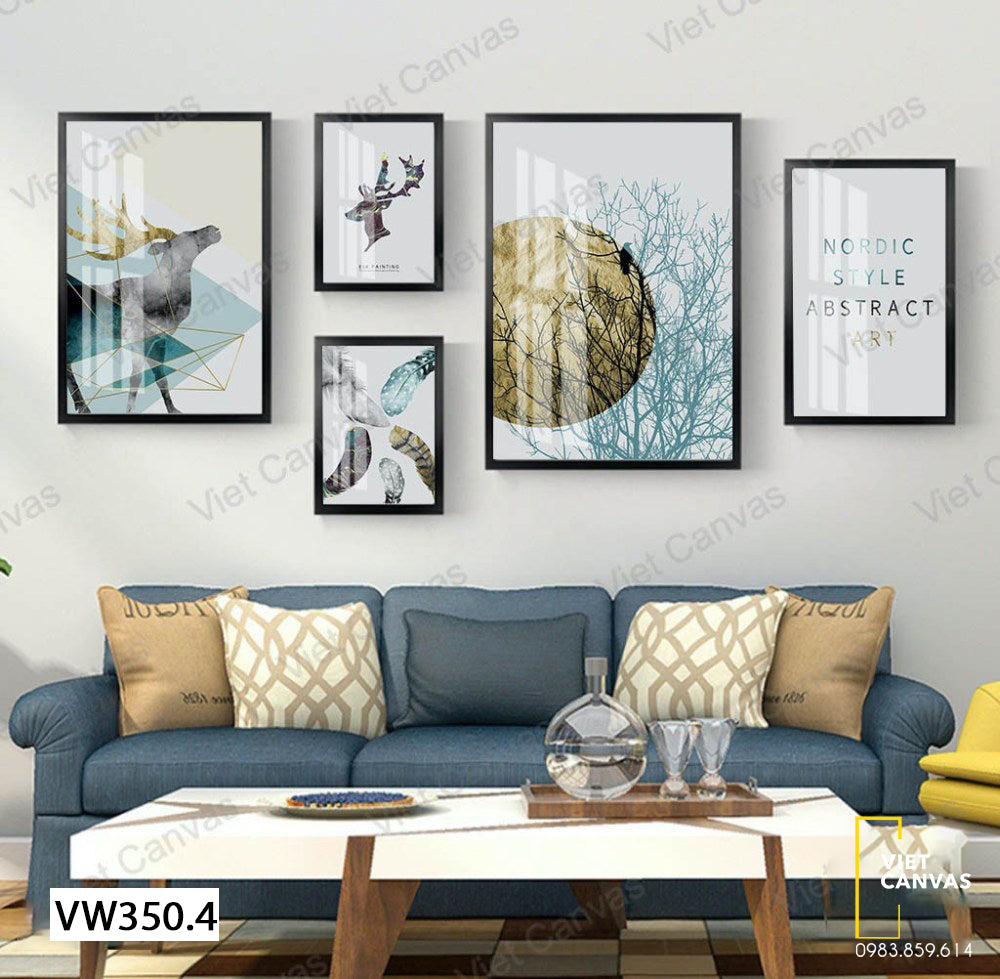 Bộ 5 Tranh Hươu, Cây, Chữ Và Lông - VW350.4