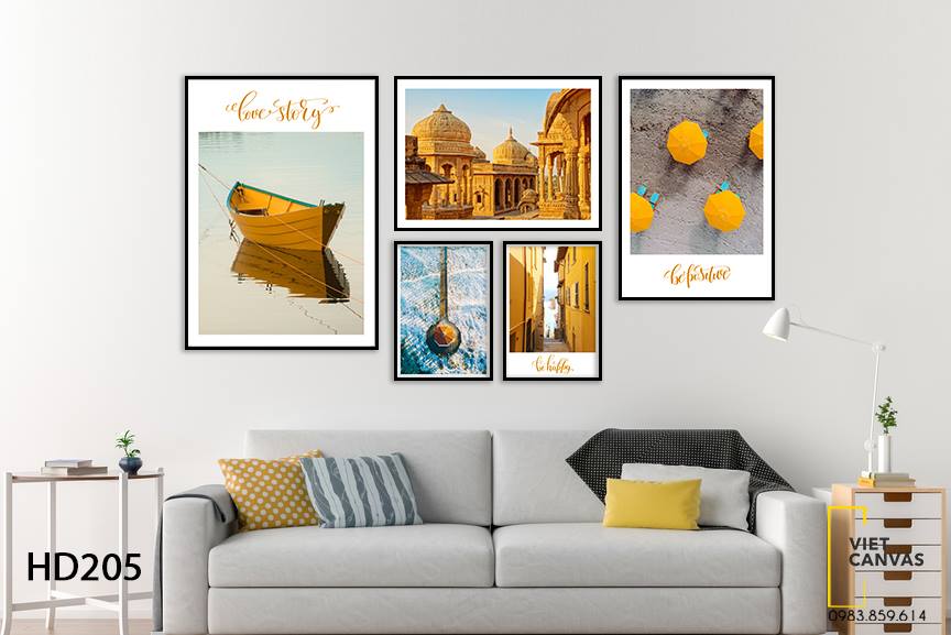 Bộ 5 Tranh Chiếc Xuồng, Khu Đền Cổ Và Những Chiếc Ô - HD205