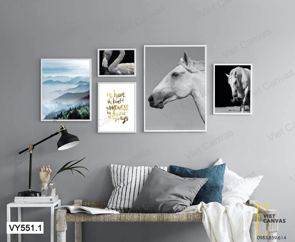 Bộ 5 Tranh Khu Rừng, Quotes, Ngựa Và Hồng Hạc - VY551.1