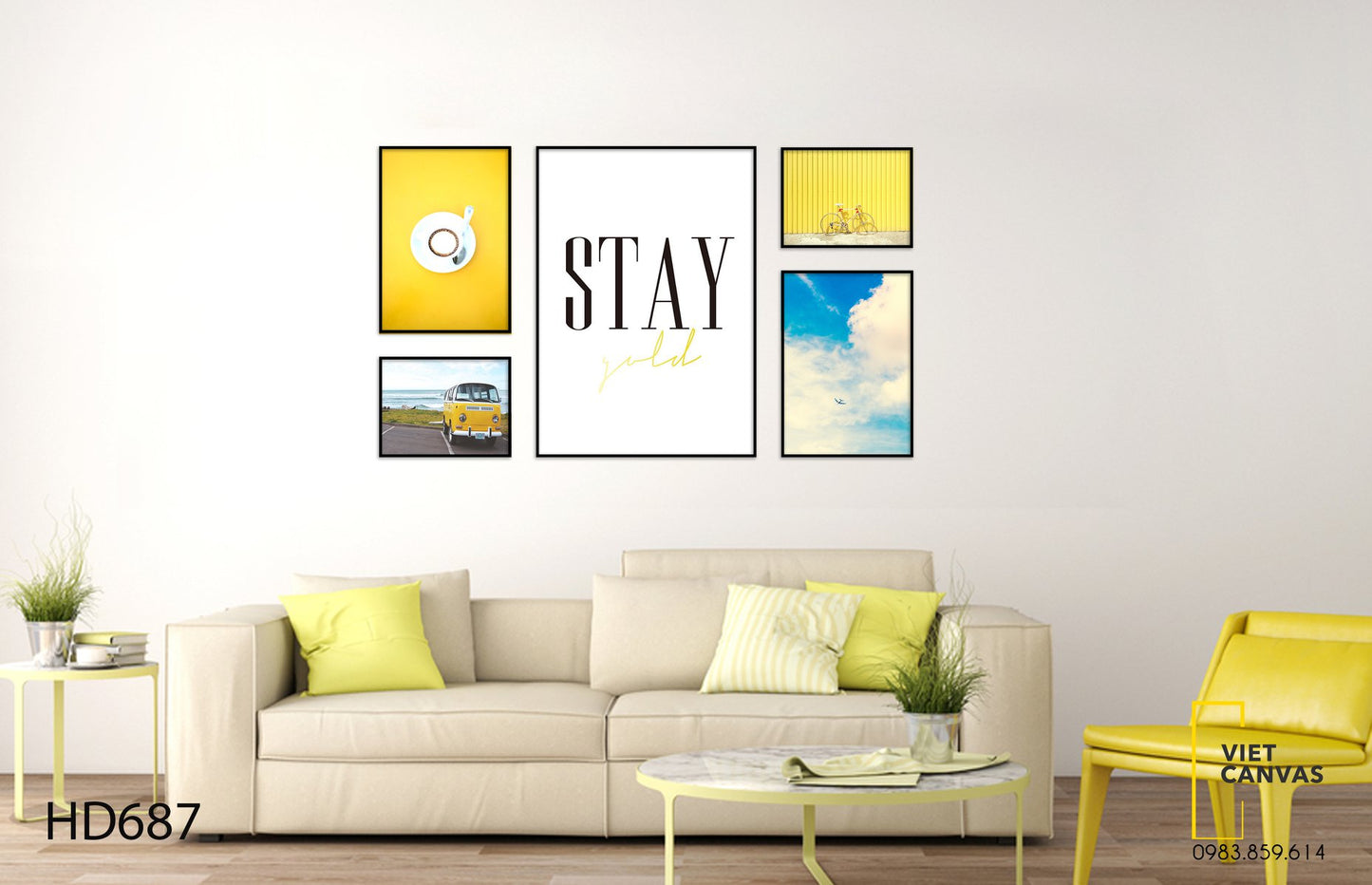 Bộ 5 Tranh Tách Cà Phê, Những Chiếc Xe, Bầu Trời Và Quotes Stay Gold - HD687