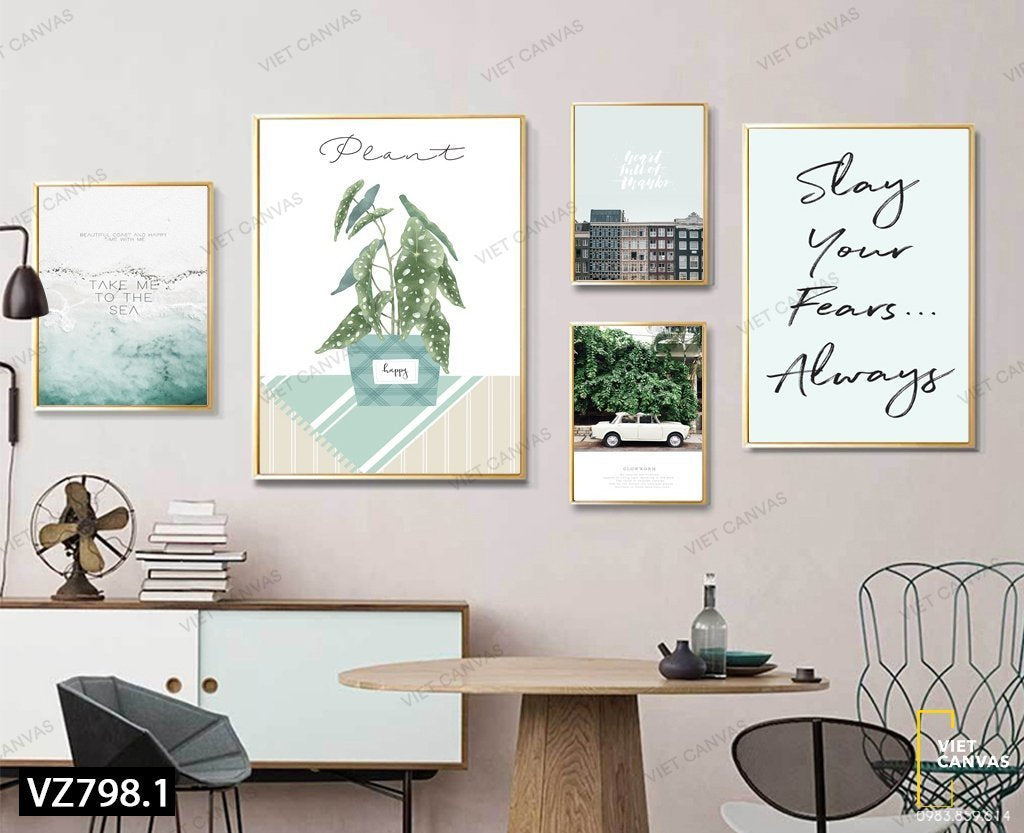 Bộ 5 Tranh Hoa Lá, Ô Tô, Biển Cả, Khu Nhà Và Quotes - VZ798.1