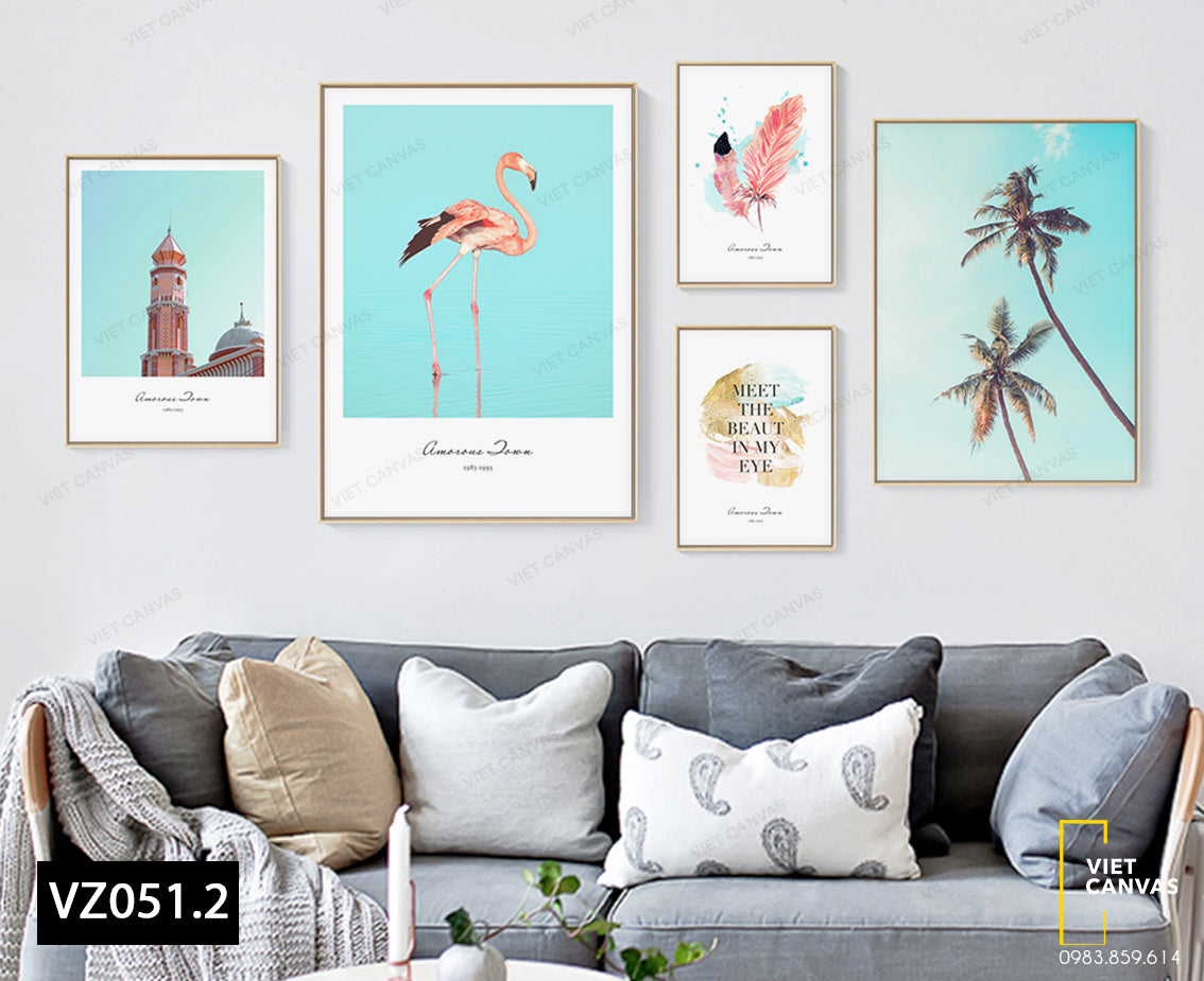 Bộ 5 Tranh Hồng Hạc, Lông Vũ, Cây Dừa Và Quotes - VZ051.2