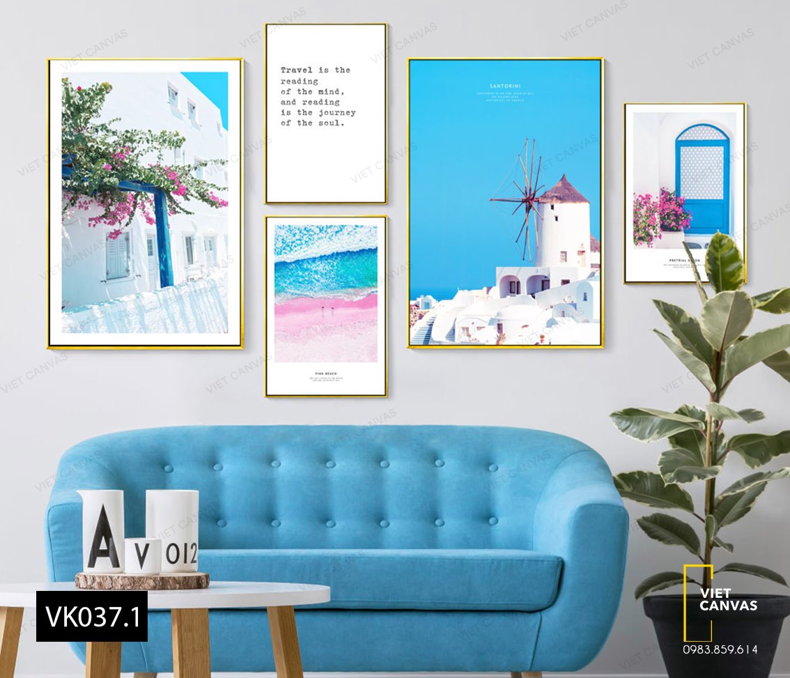 Bộ 5 Tranh Bãi Biển, Khung Cửa Sổ, Bức Tường Nhà, Cối Xay Gió Và Quotes - VK037.1
