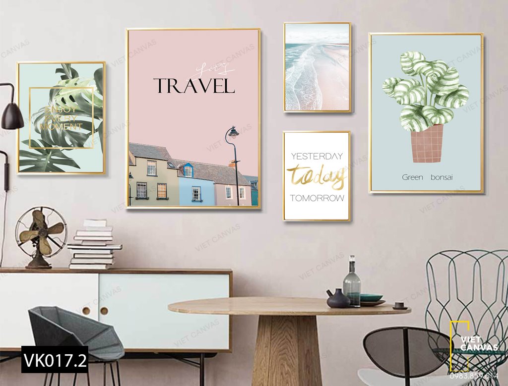 Bộ 5 Tranh Lá Cây Xanh, Khu Phố, Bãi Biển Và Quotes - VK017.2