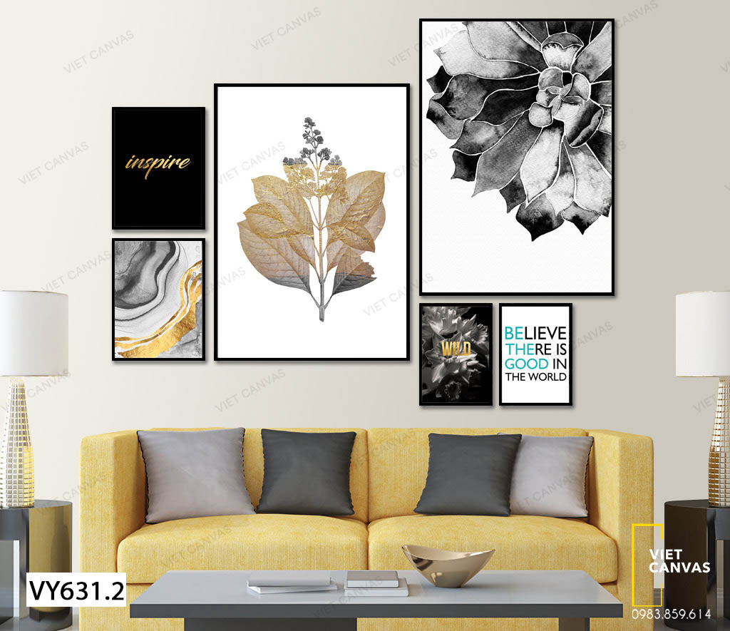Bộ 6 Tranh Lá Cây, Sen Đá Và Quotes - VY631.2