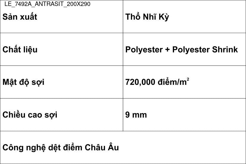 Thảm Sợi Ngắn - LE_7492A_ANTRASIT_200X290