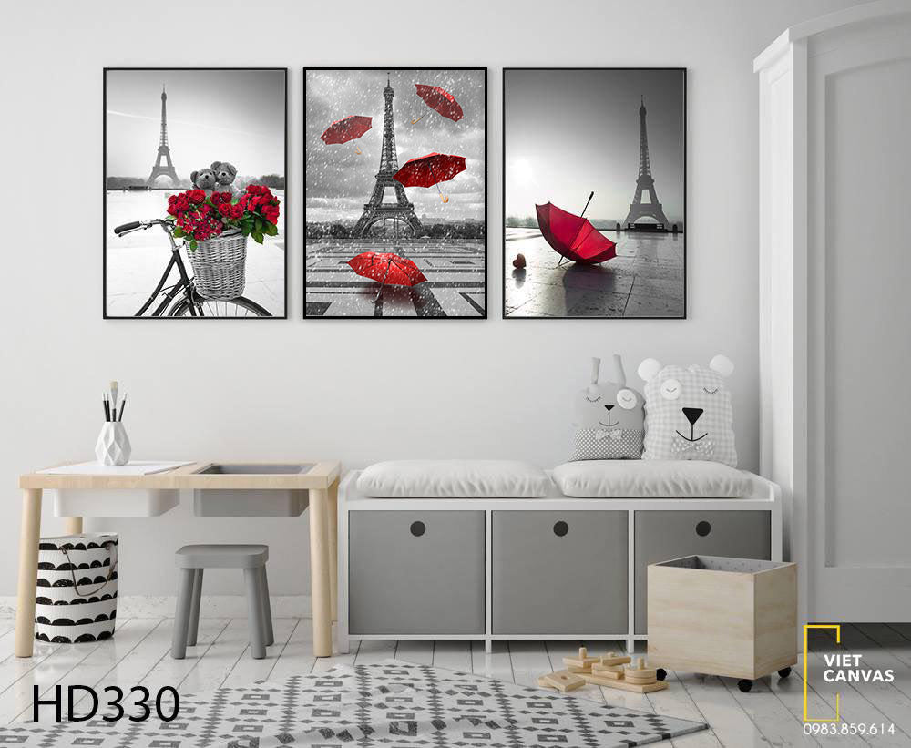 Bộ 3 Tranh Paris Bên Những Chiếc Ô Và Giỏ Hoa - HD330