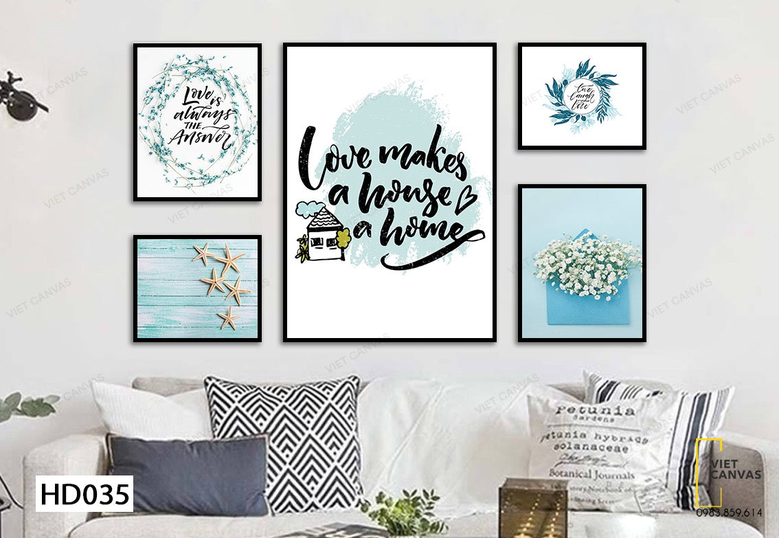 Bộ 5 Tranh Hoa, Sao Biển Và Quotes Love Makes House A Home - HD035