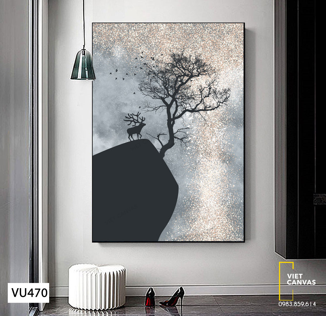 Tranh Hươu Đứng Trên Vách Núi Và Cây - VU470