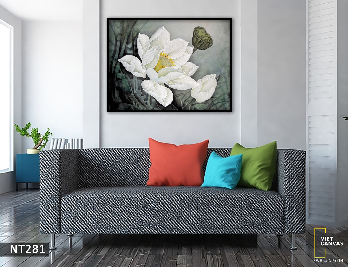 Tranh Cánh Sen Trắng Trên Nền Tối - NT281
