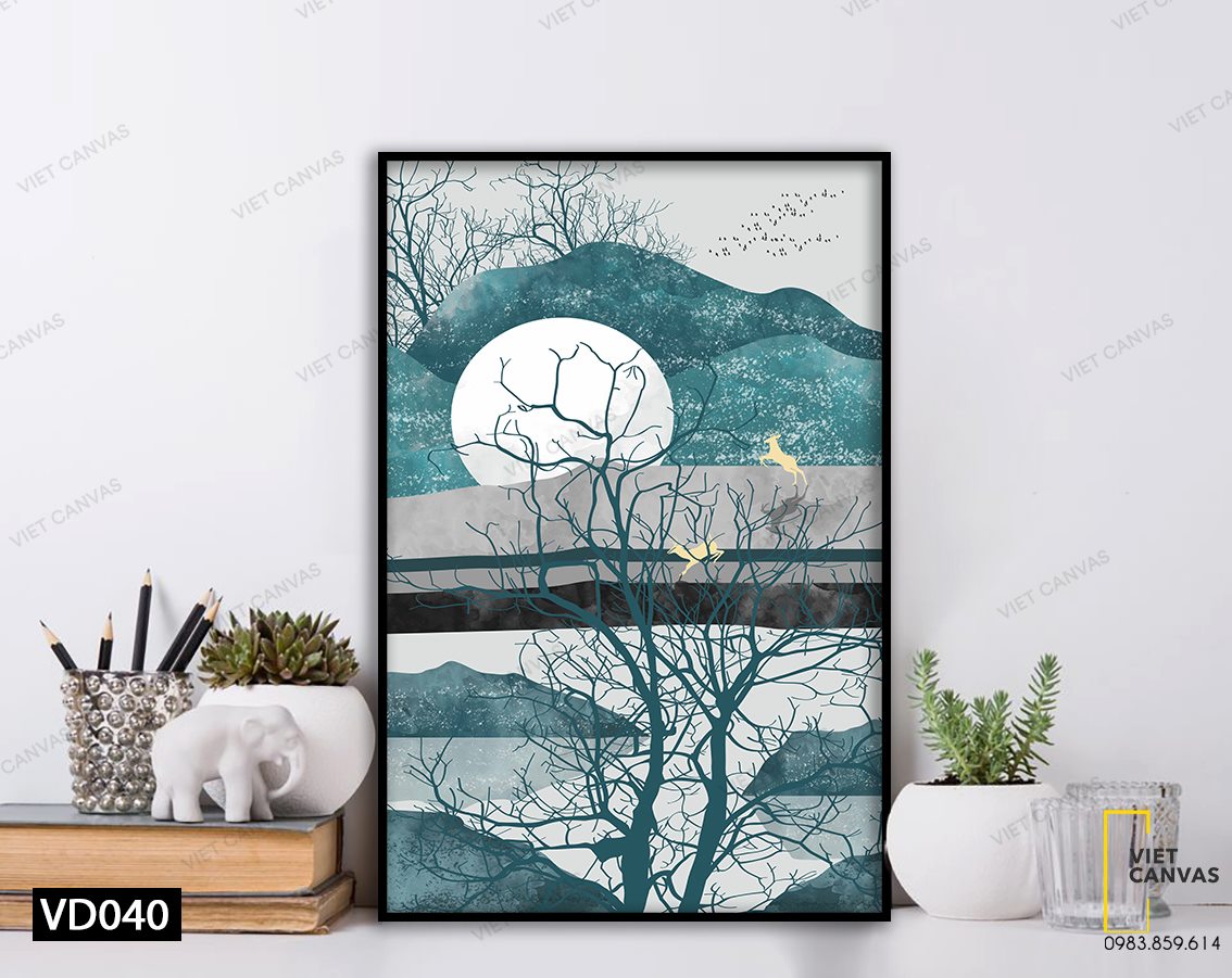 Tranh Đôi Hươu, Cây, Trăng Và Núi - VD040