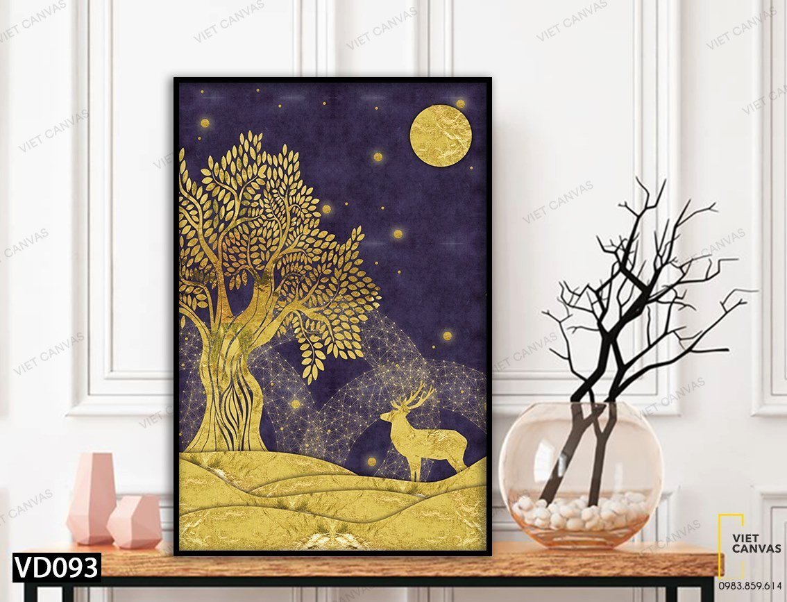Tranh Đêm Ánh Trăng Vàng, Hươu Và Cây Cổ Thụ - VD093