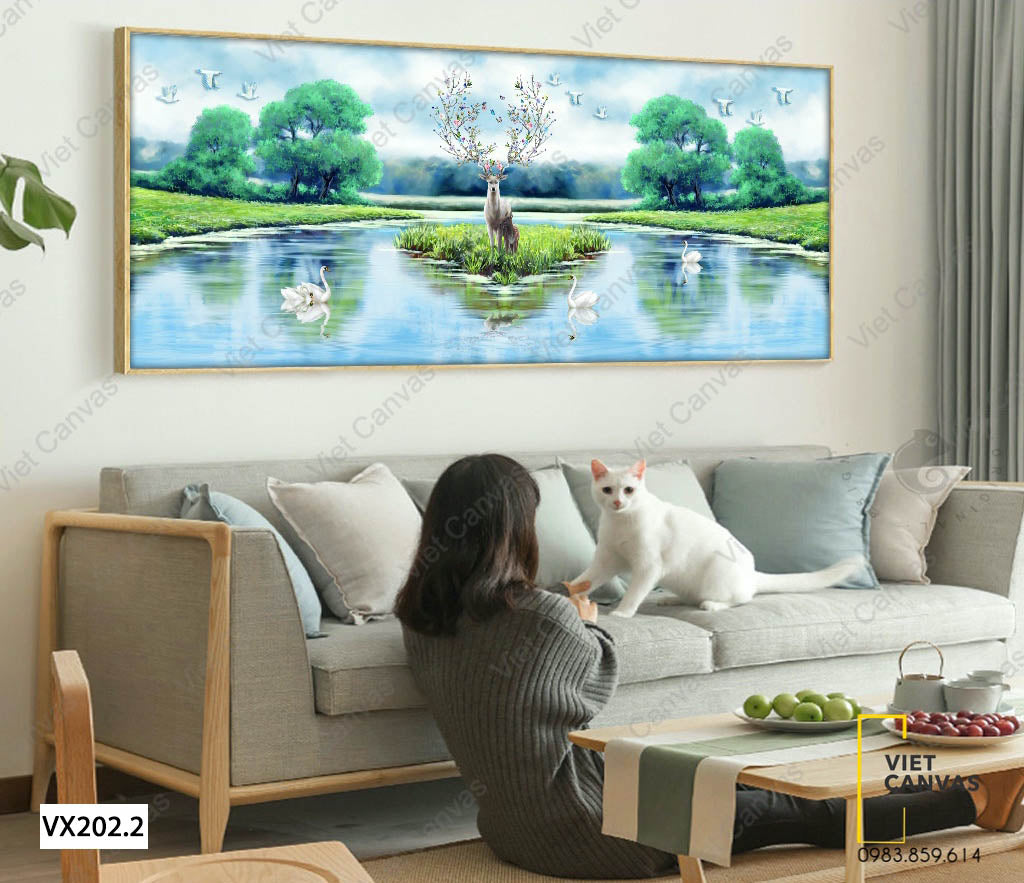 Tranh Hươu Và Thiên Nga Trên Mặt Hồ - VX202.2