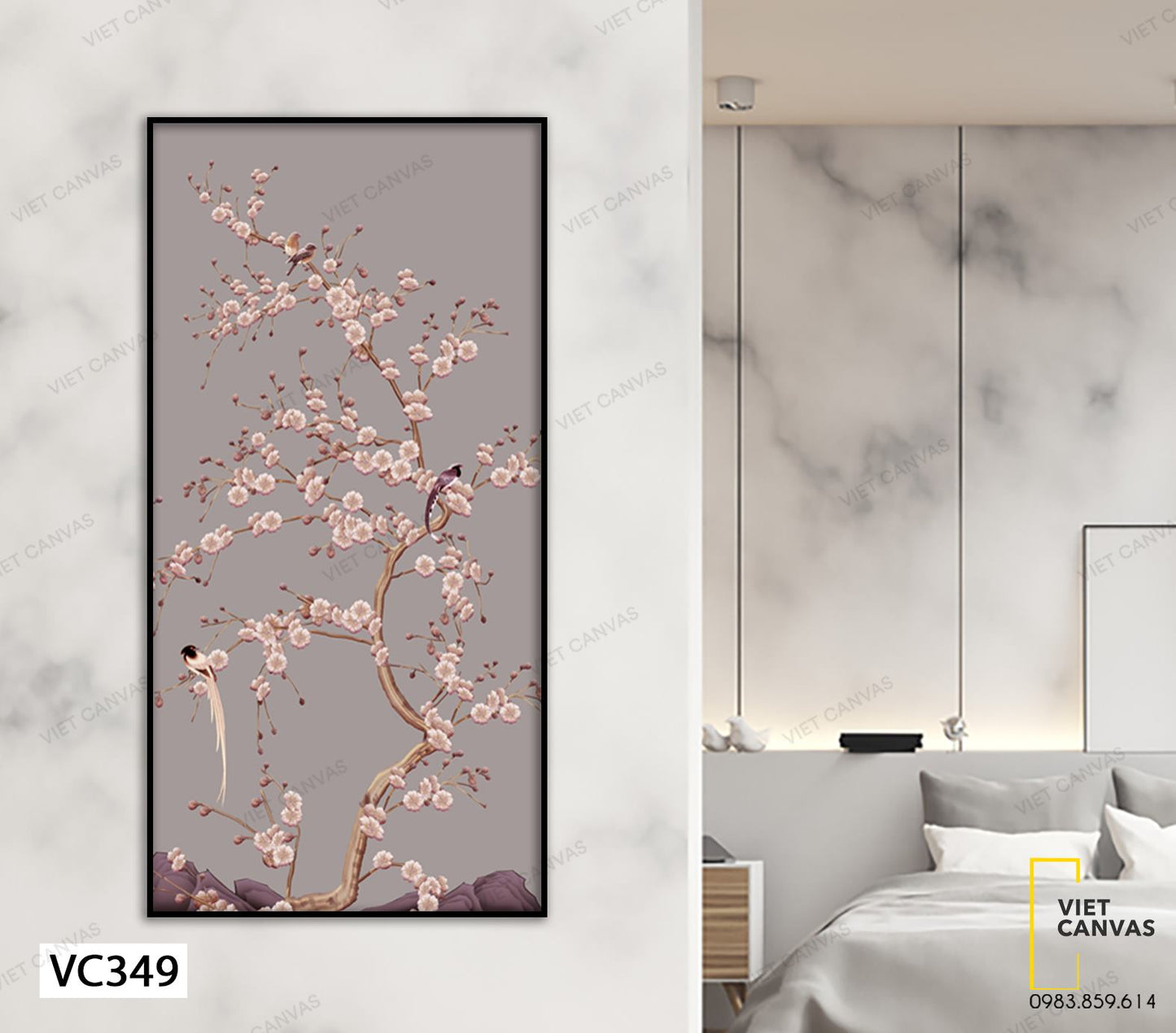 Tranh Chim Đậu Trên Cành Hoa Nở - VC349