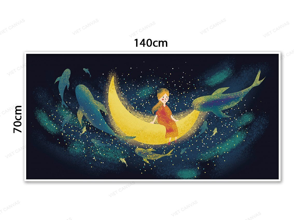 Tranh Bé Con Bay Giữa Ngân Hà Với Cá Voi Xanh - VB910