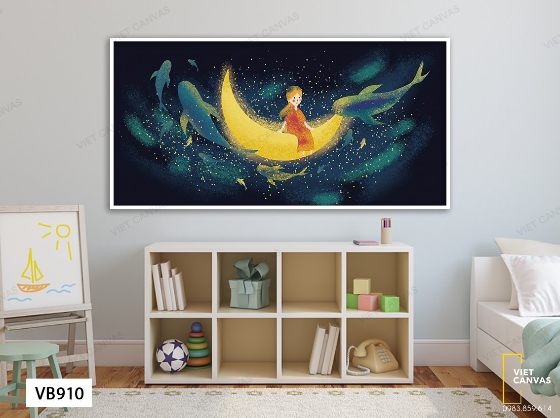 Tranh Bé Con Bay Giữa Ngân Hà Với Cá Voi Xanh - VB910