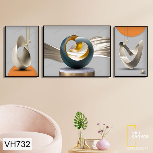 Bộ 3 Tranh Trừu Tượng Tông Cam Và Xám - VH732