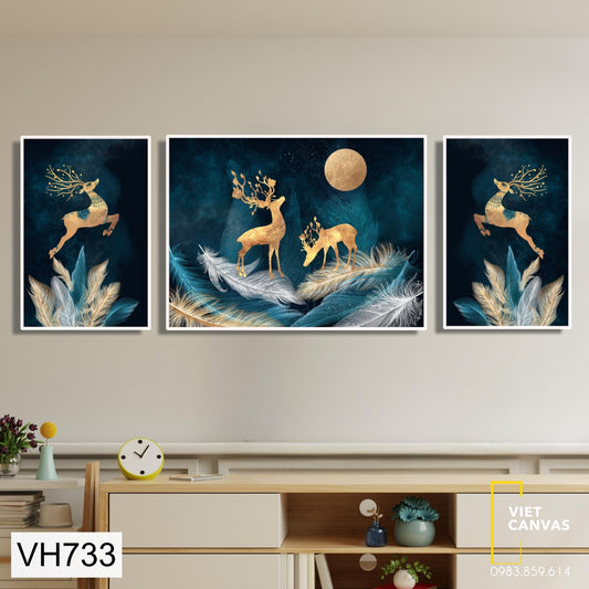 Bộ 3 Tranh Trừu Tượng Chú Hươu Sắc Xanh - VH733