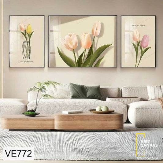 Bộ 3 Tranh Hoa Tulip Hồng - VE772