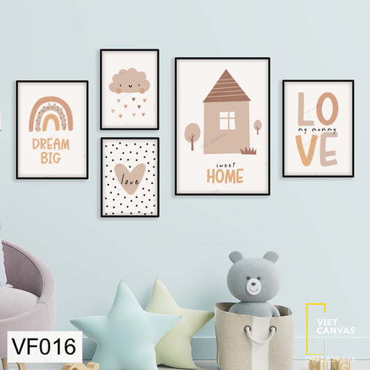 Bộ 5 Tranh Mây, Nhà Và Trái Tim Trang Trí Phòng Cho Bé - VF016