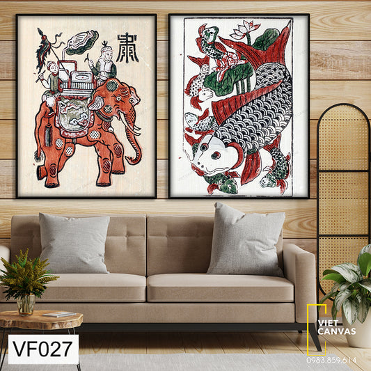 Bộ 2 Tranh Quản Tượng Và Cá Đàn Phong Cách Tranh Đông Hồ - VF027