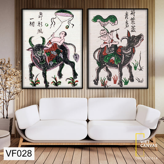 Bộ 2 Tranh Chăn Trâu Thả Diều Thổi Sáo Phong Cách Tranh Đông Hồ - VF028