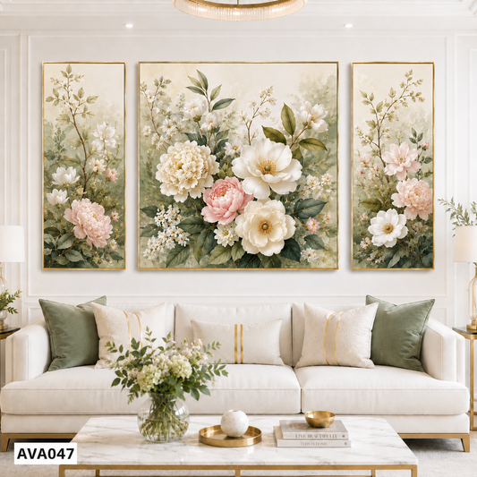 Bộ 3 Tranh Hoa Khóm Hoa Mẫu Đơn - AVA047