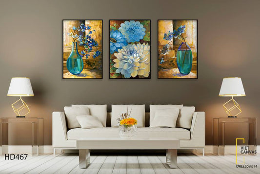 Bộ 3 Tranh Bình Hoa Cúc Xanh - HD467