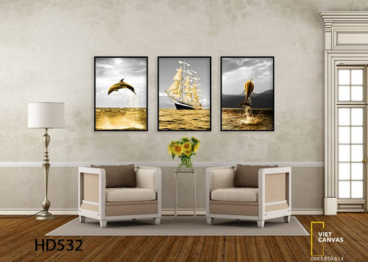 Bộ 3 Tranh Cá Heo Và Cánh Buồm Vàng - HD532