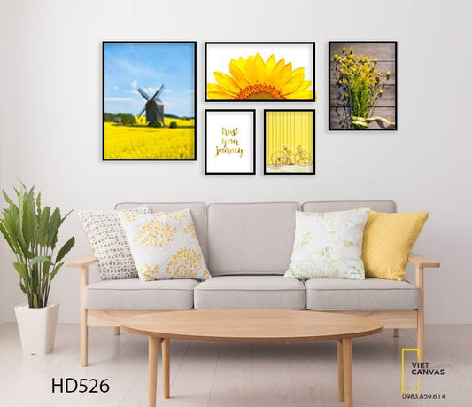 Bộ 5 Tranh Chùm Hoa, Cối Xay Gió, Chiếc Xe Đạp, Hoa Hướng Dưỡng Và Quotes - HD526