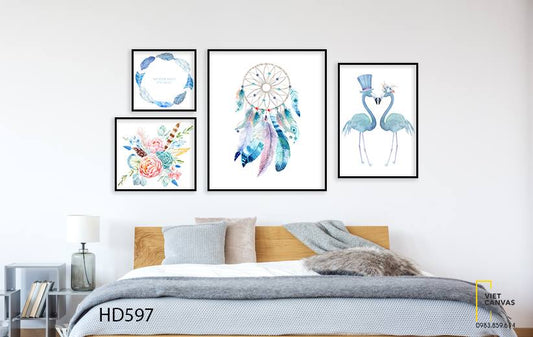 Bộ 4 Tranh Bó Hoa, Dream Catcher Và Cặp Uyên Ương - HD597