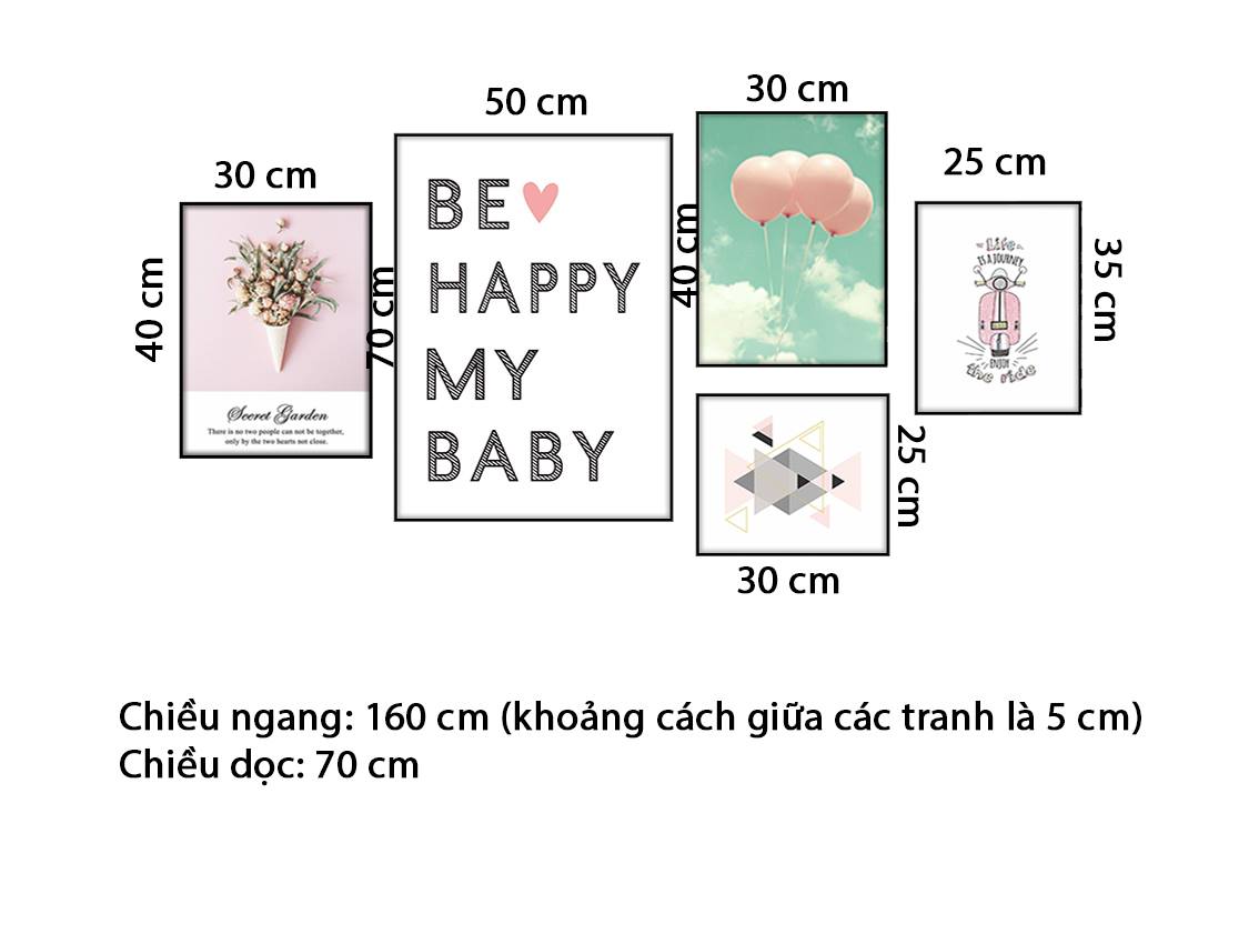 Bộ 5 Tranh Ly Kem Hoa, Bong Bóng Và Quotes Be Happy My Baby - HD606