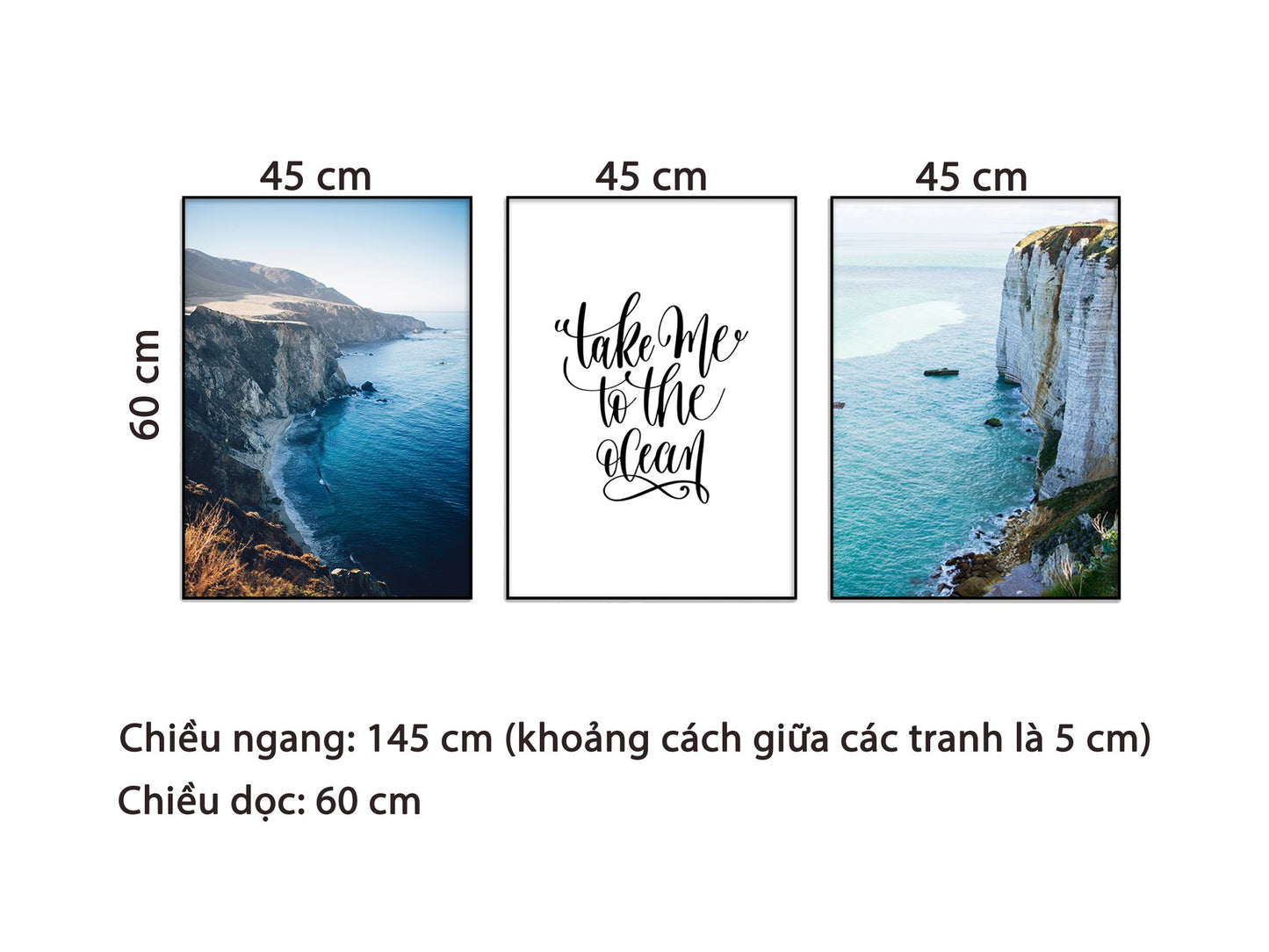 Bộ 3 Tranh Biển Xanh Và Quotes Take Me To The Ocean - HD727