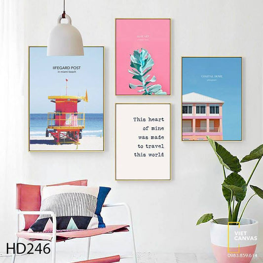 Bộ 4 Tranh Biển, Nhành Cây, Ngôi Nhà Và Quotes - HD246