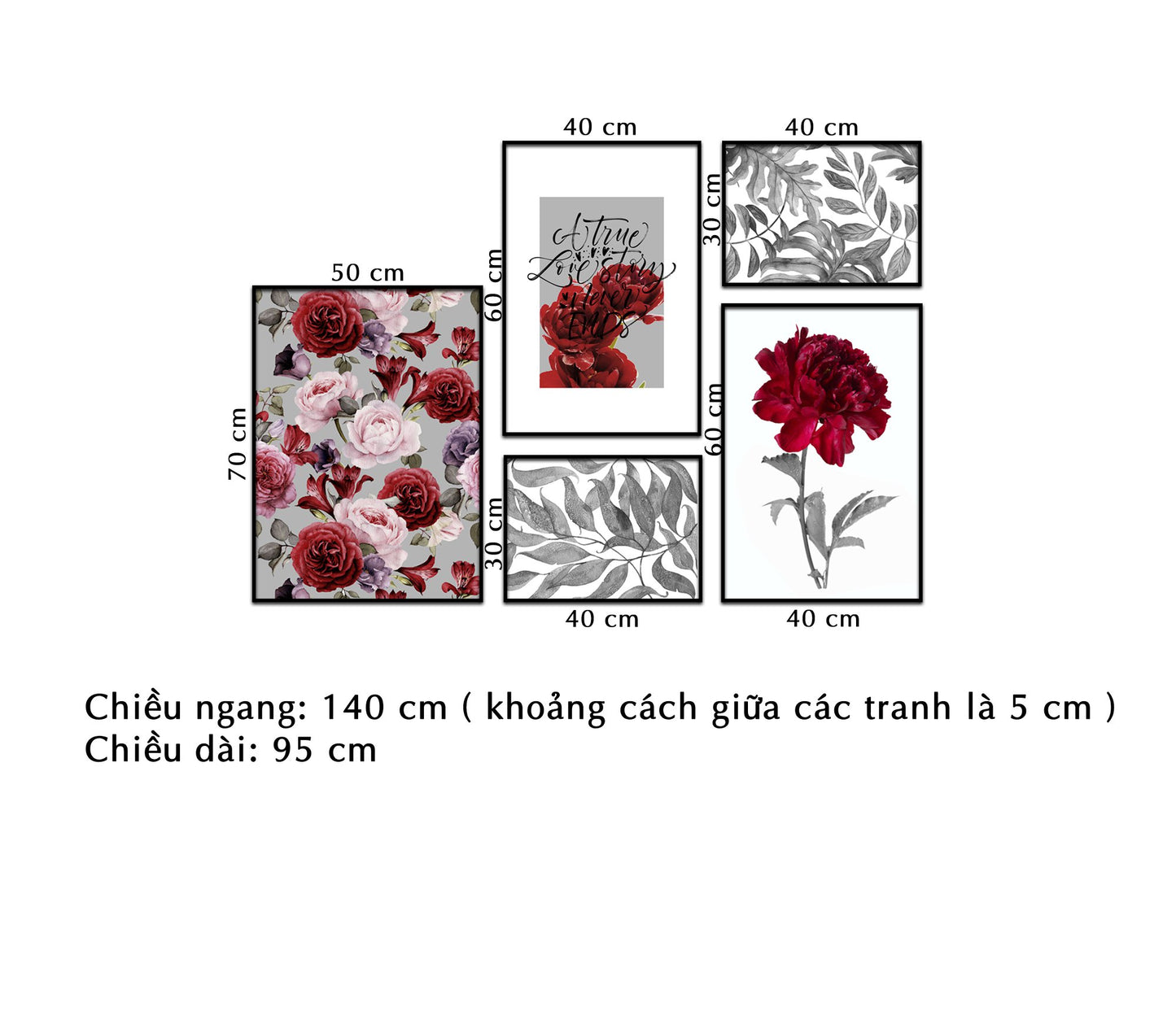 Bộ 5 Tranh Hoa Hồng Đỏ Và Lá Cây - NT252