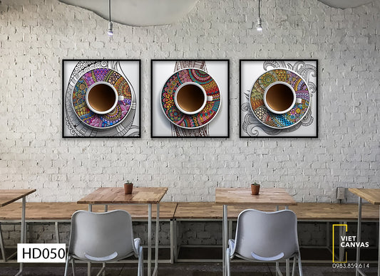 Bộ 3 Tranh Tách Cafe Và Chiếc Đĩa Họa Tiết - HD050