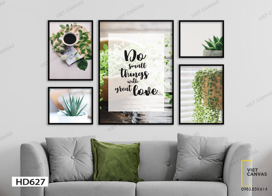 Bộ 5 Tranh Tách Cà Phê, Chậu Xương Rồng Và Nhành Lá Xanh - HD627