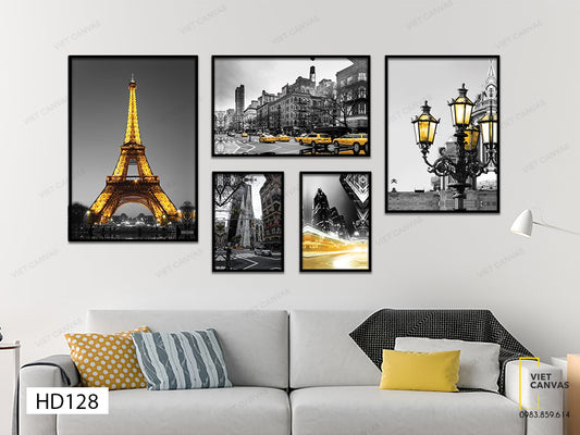 Bộ 5 Tranh Thành Phố Paris Dưới Ánh Đèn - HD128