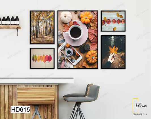 Bộ 5 Tranh Những Chiếc Lá Mùa Thu, Rừng Cây Và Tách Cà Phê - HD615