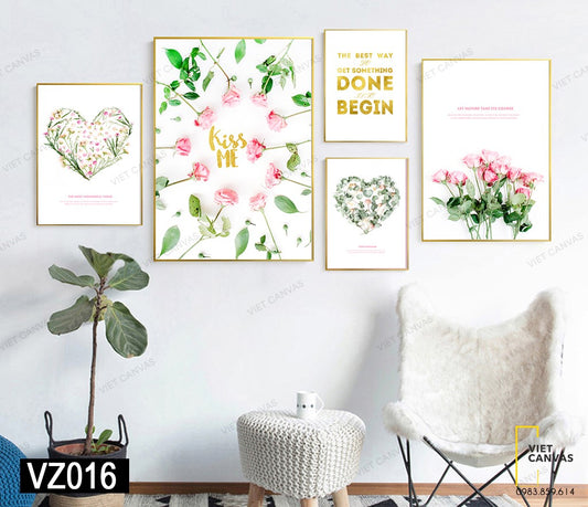Bộ 5 Tranh Hoa Hồng, Trái Tim Và Quotes - VZ016