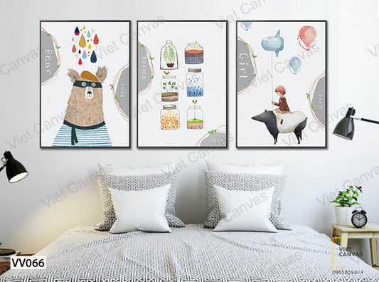 Bộ 3 Tranh Chú Gấu, Lọ Thủy Tinh Và Bé Gái - VV066